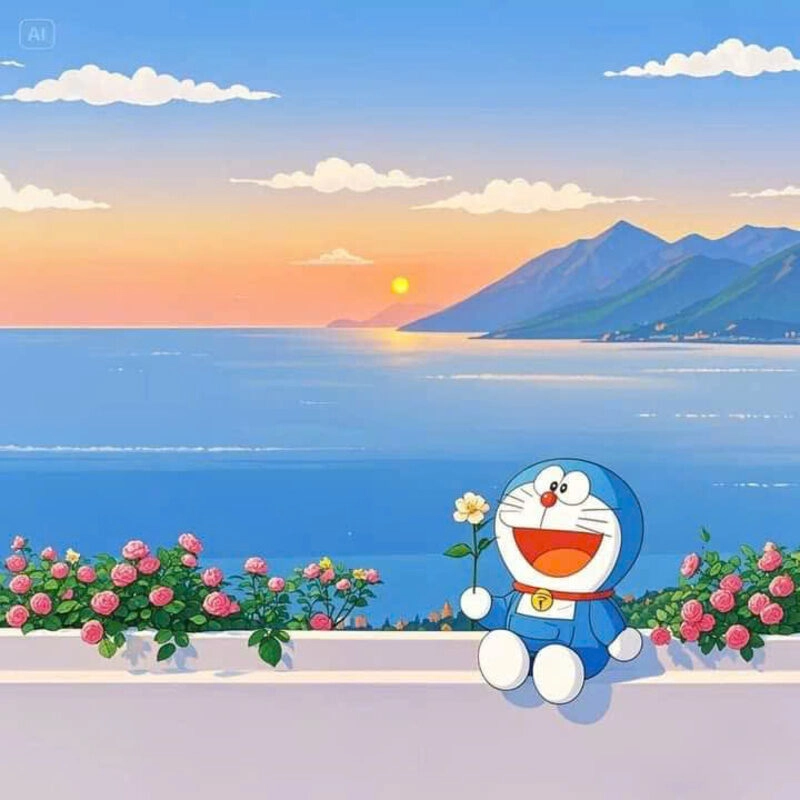Hình ảnh Doraemon cute ngắm hoa
